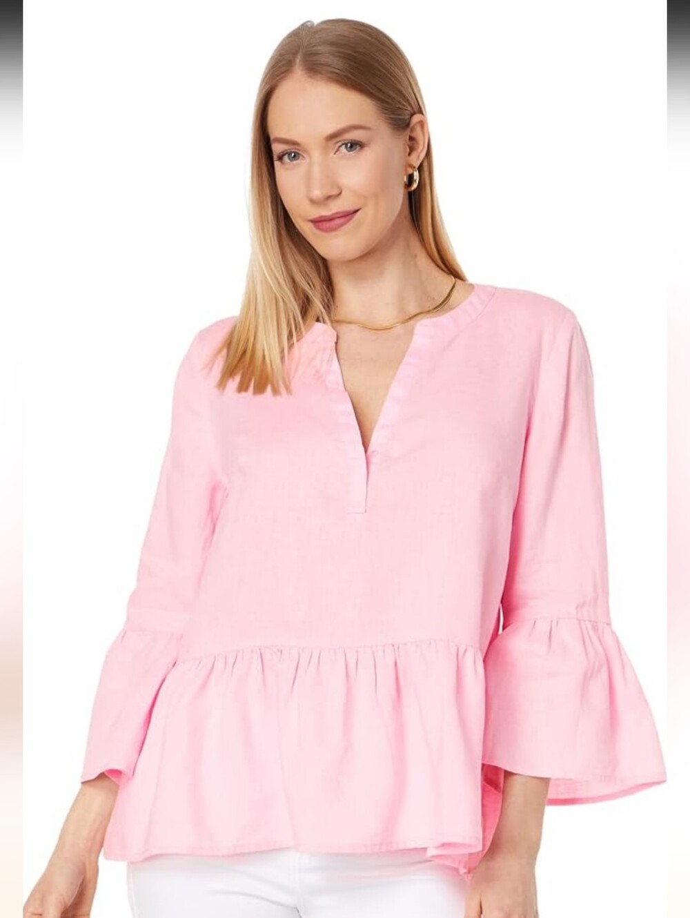 Lily Pulitzer Light Pink Peplum V-Neck Blouse Linen Size Medium Feminine